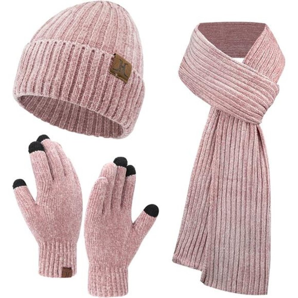 Womens Winter Knit Warm Hat Beanie+Long Scarf+Touch Screen Gloves Set - Picture 1 of 6